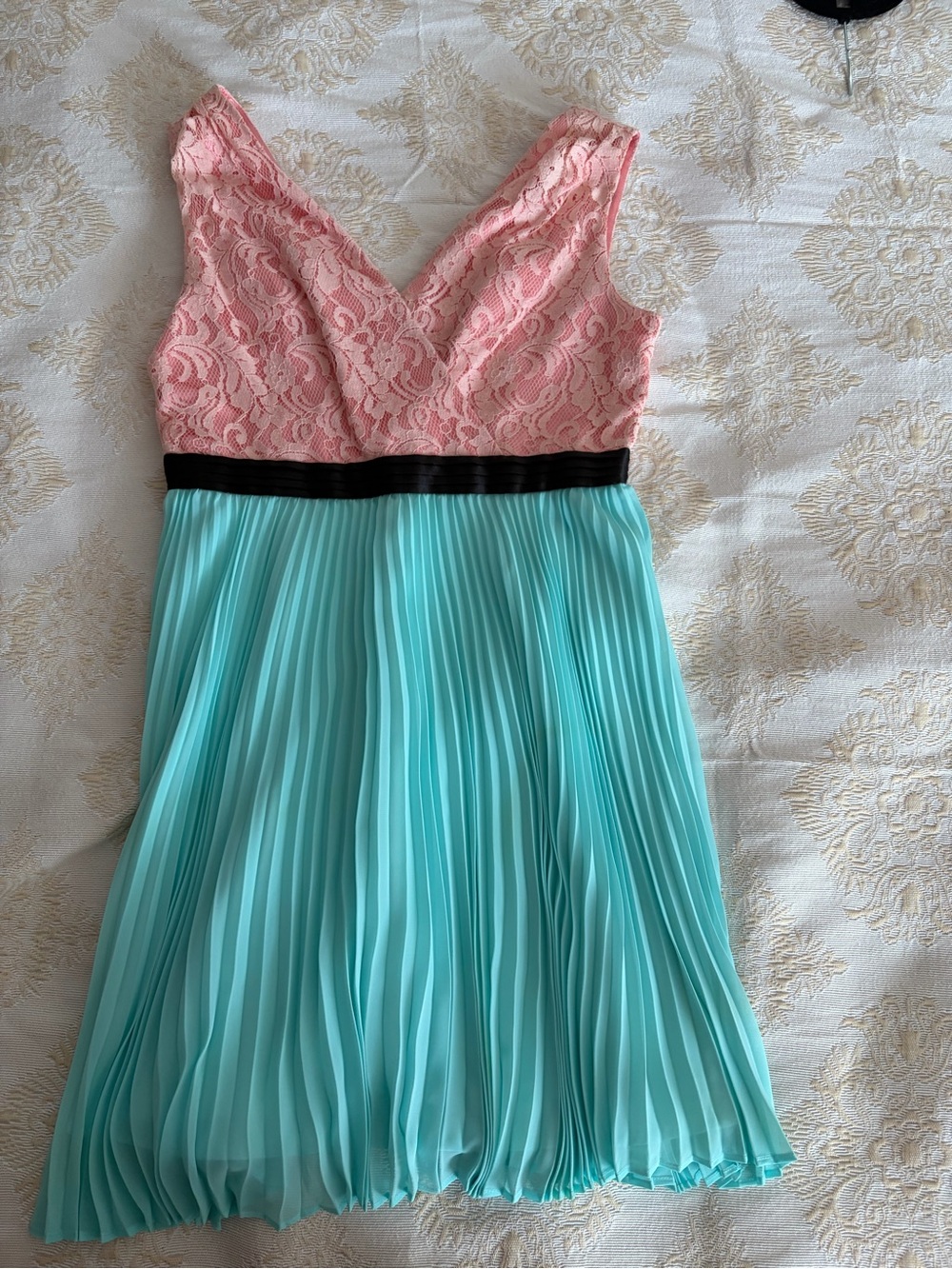 Max & Cleo Pink Lace Top Teal Pleated Skirt Dress with Black Waistband